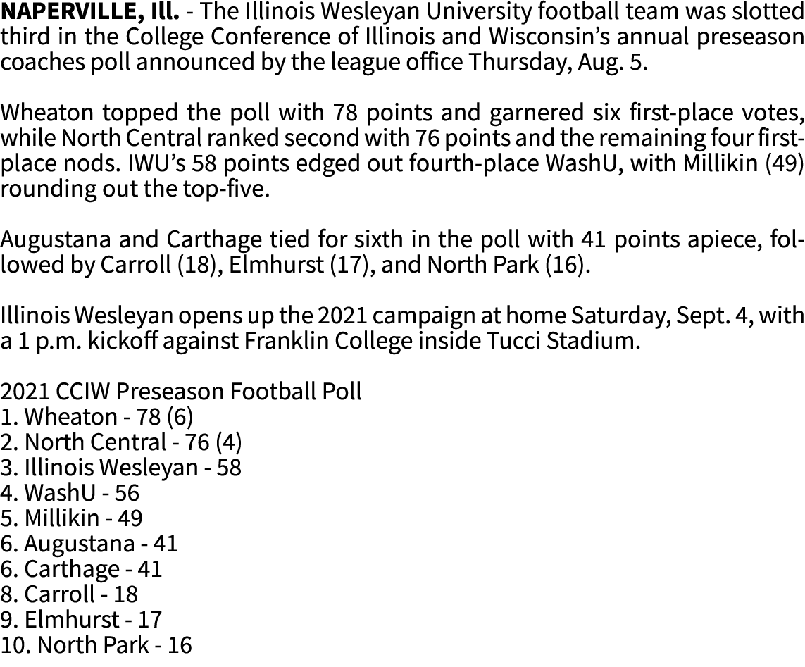 NAPERVILLE, Ill  - The Illinois Wesleyan University football team was slotted third in the College Conference of Illi   