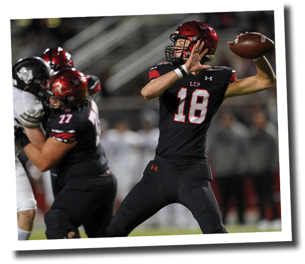Bryce LeBlanc (18) sends a pass upfield  Lubbock-Cooper vs  Randall  Photo by: Aaron Baxter