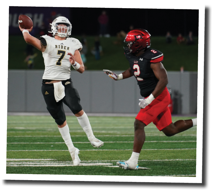 Kobie McKinzie (2) chases Jack Pitts out of the pocket and forces him to throw the ball away  Lubbock-Cooper vs  Rider  Photo by: Aaron Baxter