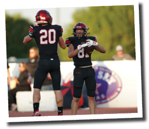 Braydon Laws (81) celebrates after a touch down with Cooper Morris (20)  Lubbock-Cooper vs  Andrews  Photo by: Aaron Baxter