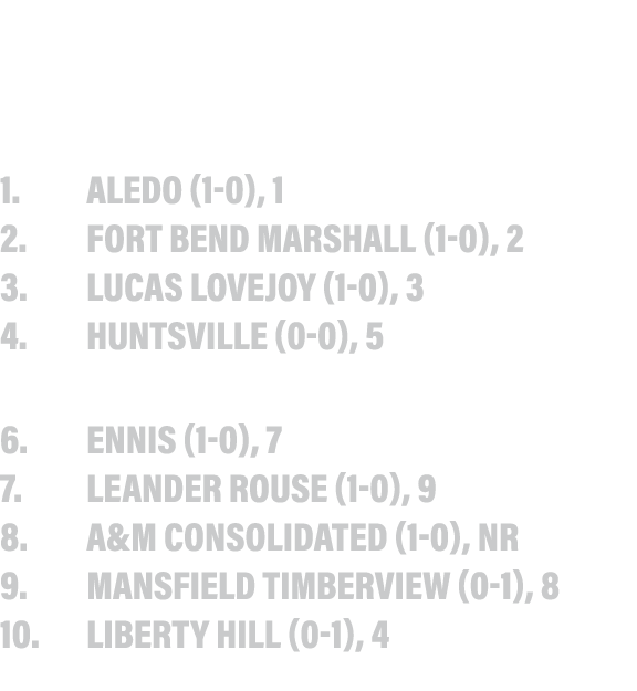 CLASS 5A DIVISION II Rank, School (record), prv rank 1   aledo (1-0), 1 2  fort Bend Marshall (1-0), 2 3   lucas Love   