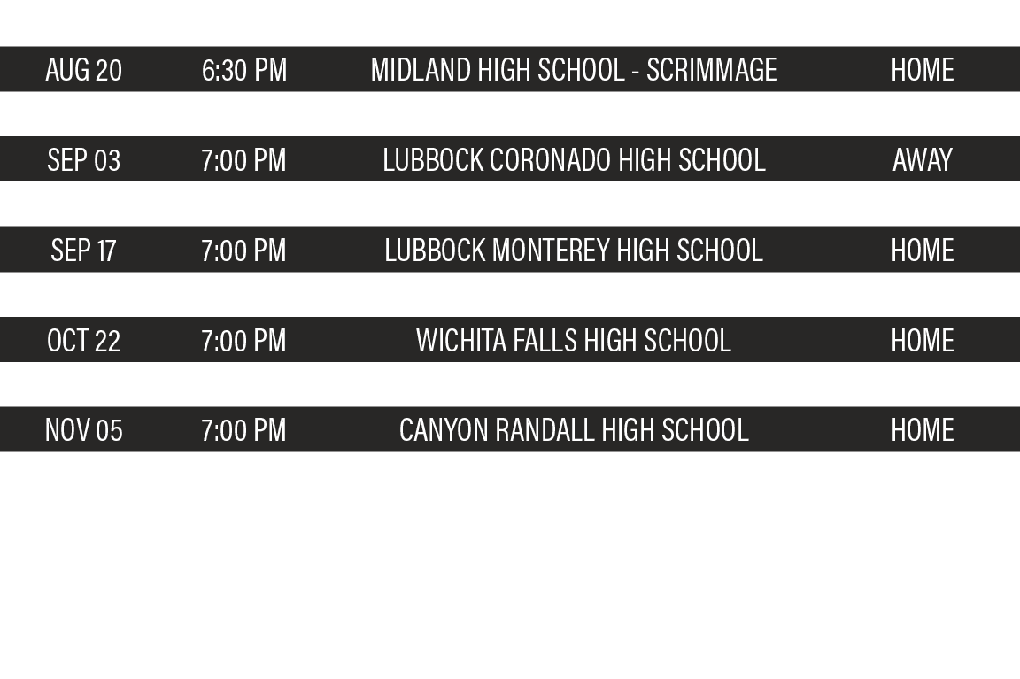 DATE,TIME,TEAM,LOCATION,AUG 20,6:30 PM,MIDLAND HIGH SCHOOL - Scrimmage,HOME,AUG 27,7:00 PM,ANDREWS HIGH SCHOOL (W 27-   