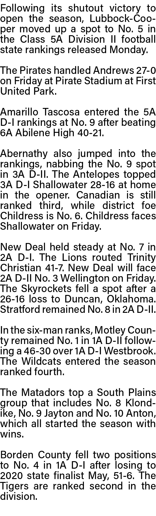 Following its shutout victory to open the season, Lubbock-Cooper moved up a spot to No  5 in the Class 5A Division II   