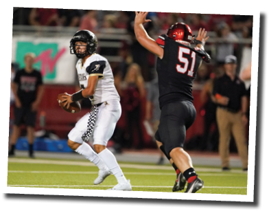 Ty Politte (51) forces Mustang QB EJ Lopez (5) out of the pocket  Lubbock-Cooper vs  Andrews  Photo by: Aaron Baxter