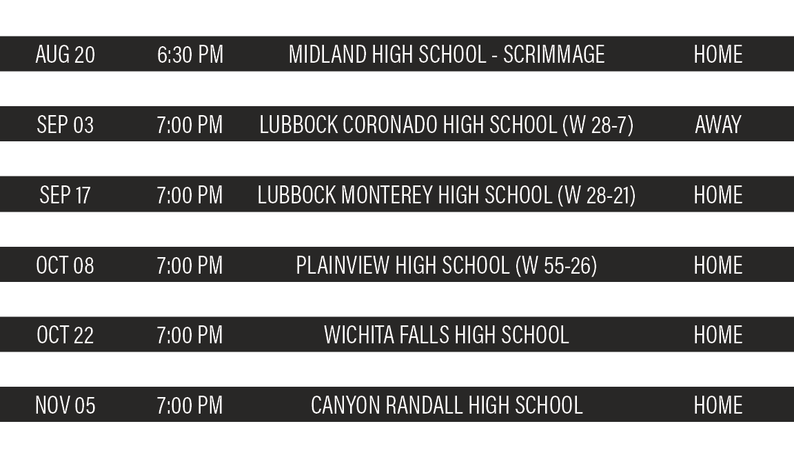 DATE,TIME,TEAM,LOCATION,AUG 20,6:30 PM,MIDLAND HIGH SCHOOL - Scrimmage,HOME,AUG 27,7:00 PM,ANDREWS HIGH SCHOOL (W 27-   