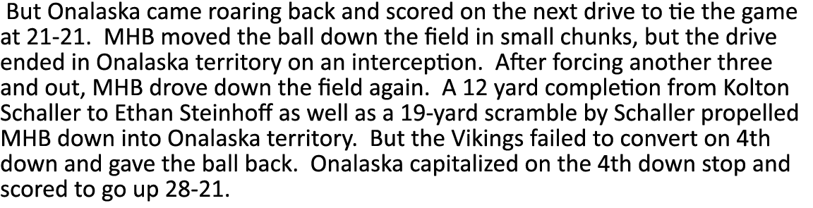  But Onalaska came roaring back and scored on the next drive to tie the game at 21-21  MHB moved the ball down the fi   