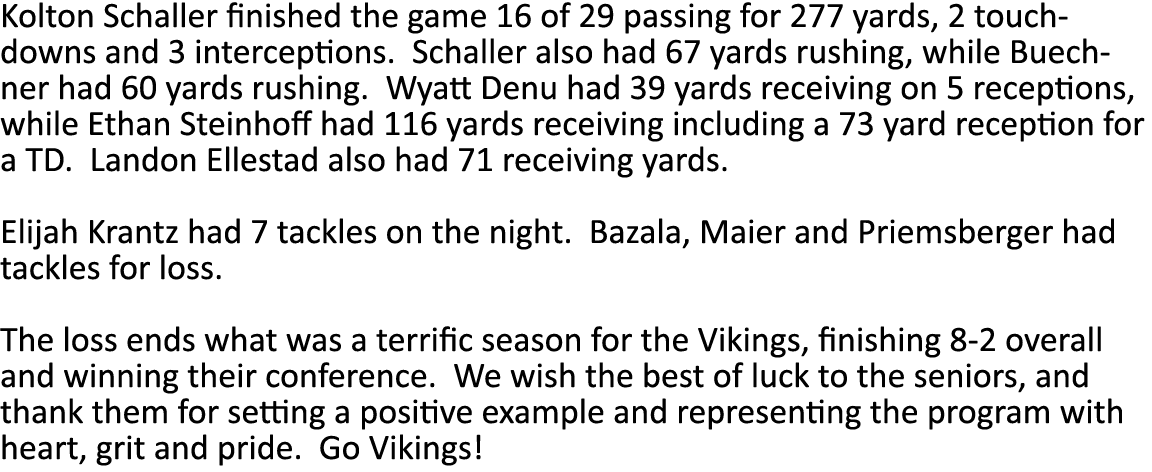 Kolton Schaller finished the game 16 of 29 passing for 277 yards, 2 touchdowns and 3 interceptions  Schaller also had   