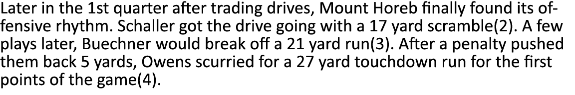 Later in the 1st quarter after trading drives, Mount Horeb finally found its offensive rhythm  Schaller got the drive   