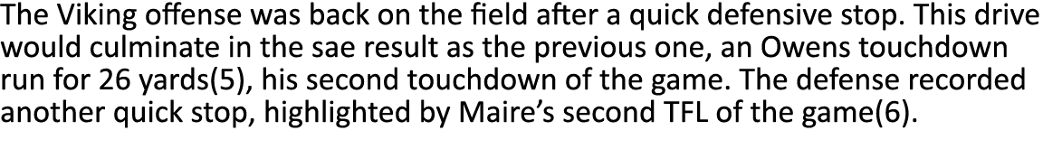 The Viking offense was back on the field after a quick defensive stop  This drive would culminate in the sae result a   