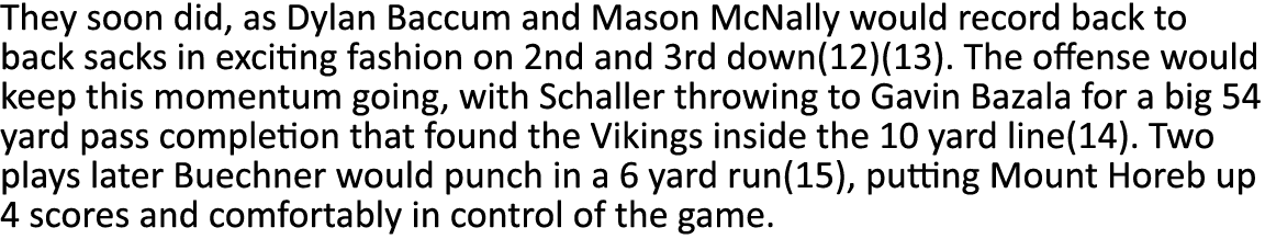 They soon did, as Dylan Baccum and Mason McNally would record back to back sacks in exciting fashion on 2nd and 3rd d   