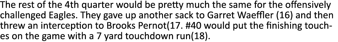The rest of the 4th quarter would be pretty much the same for the offensively challenged Eagles  They gave up another   