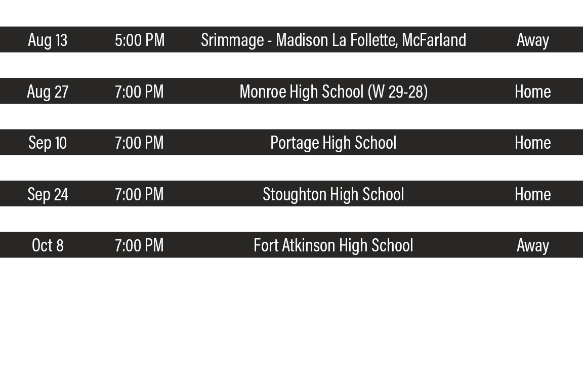 DATE,TIME,TEAM,LOCATION,Aug 13,5:00 PM,Srimmage - Madison La Follette, McFarland,Away,Aug 19,7:00 PM,Racine Saint Cat   