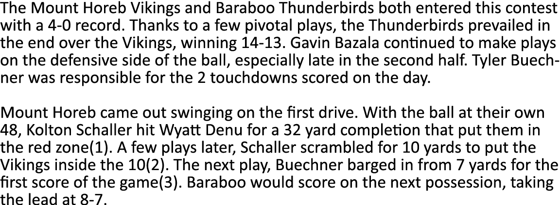 The Mount Horeb Vikings and Baraboo Thunderbirds both entered this contest with a 4-0 record  Thanks to a few pivotal   