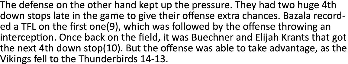 The defense on the other hand kept up the pressure  They had two huge 4th down stops late in the game to give their o   