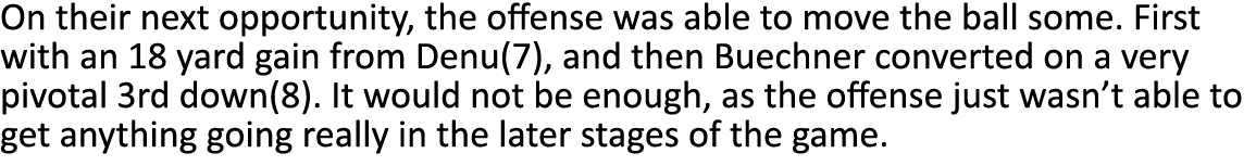 On their next opportunity, the offense was able to move the ball some  First with an 18 yard gain from Denu(7), and t   