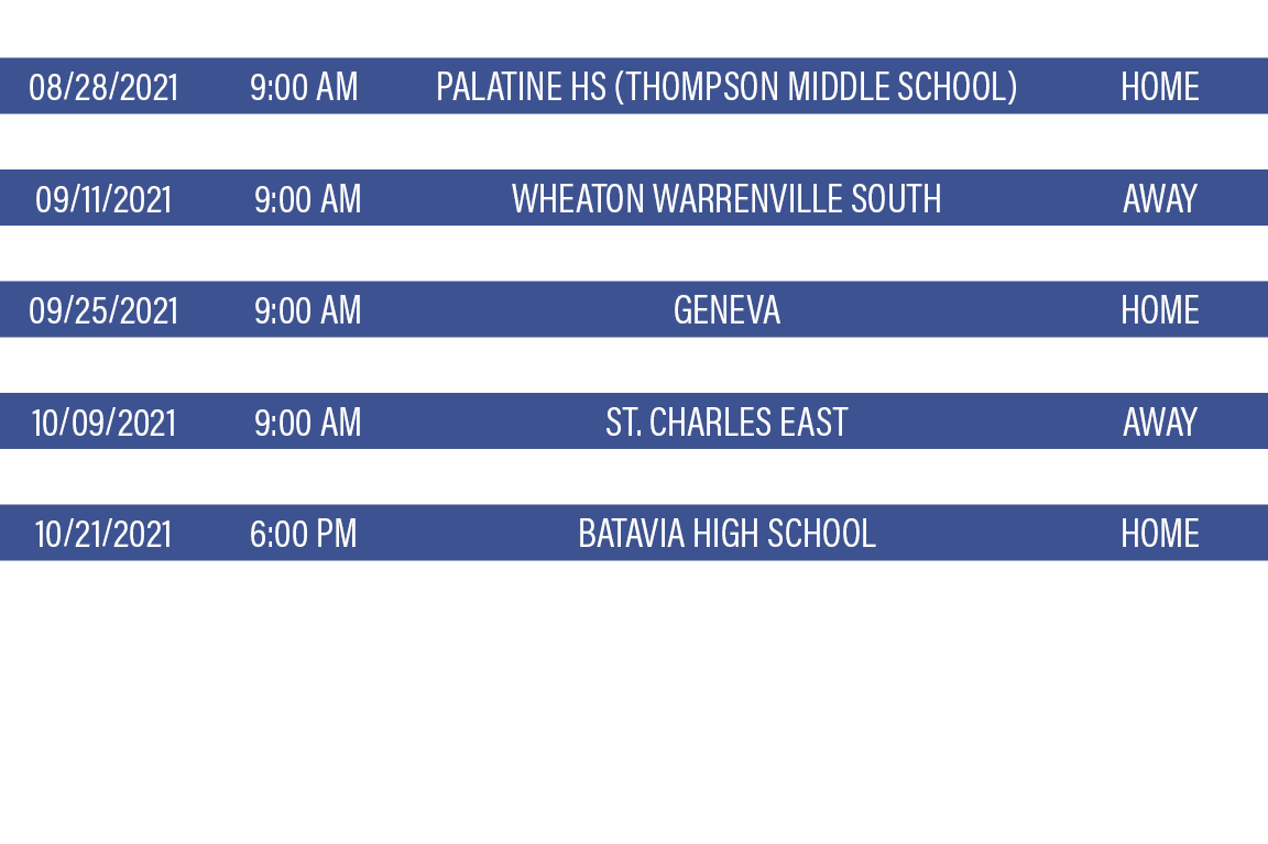 DATE,TIME,TEAM,LOCATION,08 28 2021,9:00 AM,Palatine HS (Thompson Middle School),Home,09 04 2021,9:00 AM,Lake Zurich,A   