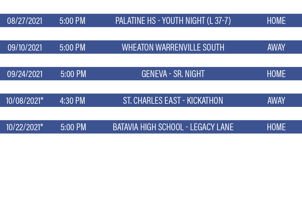 DATE,TIME,TEAM,LOCATION,08 27 2021,5:00 PM,Palatine HS - Youth Night (L 37-7),HOME,09 03 2021, 5:00 PM,Lake Zurich,AW   