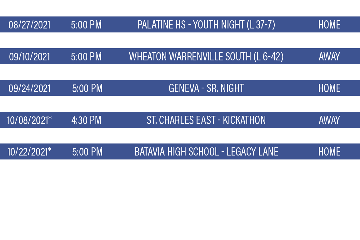 DATE,TIME,TEAM,LOCATION,08 27 2021,5:00 PM,Palatine HS - Youth Night (L 37-7),HOME,09 03 2021, 5:00 PM,Lake Zurich (W   