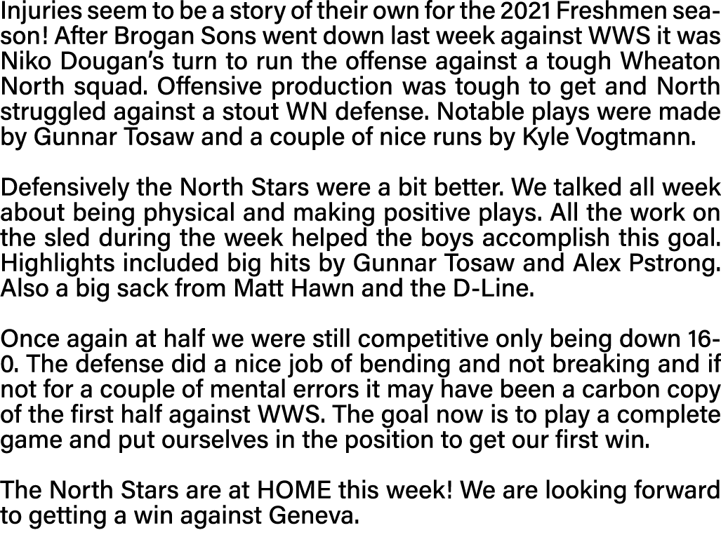 Injuries seem to be a story of their own for the 2021 Freshmen season  After Brogan Sons went down last week against    