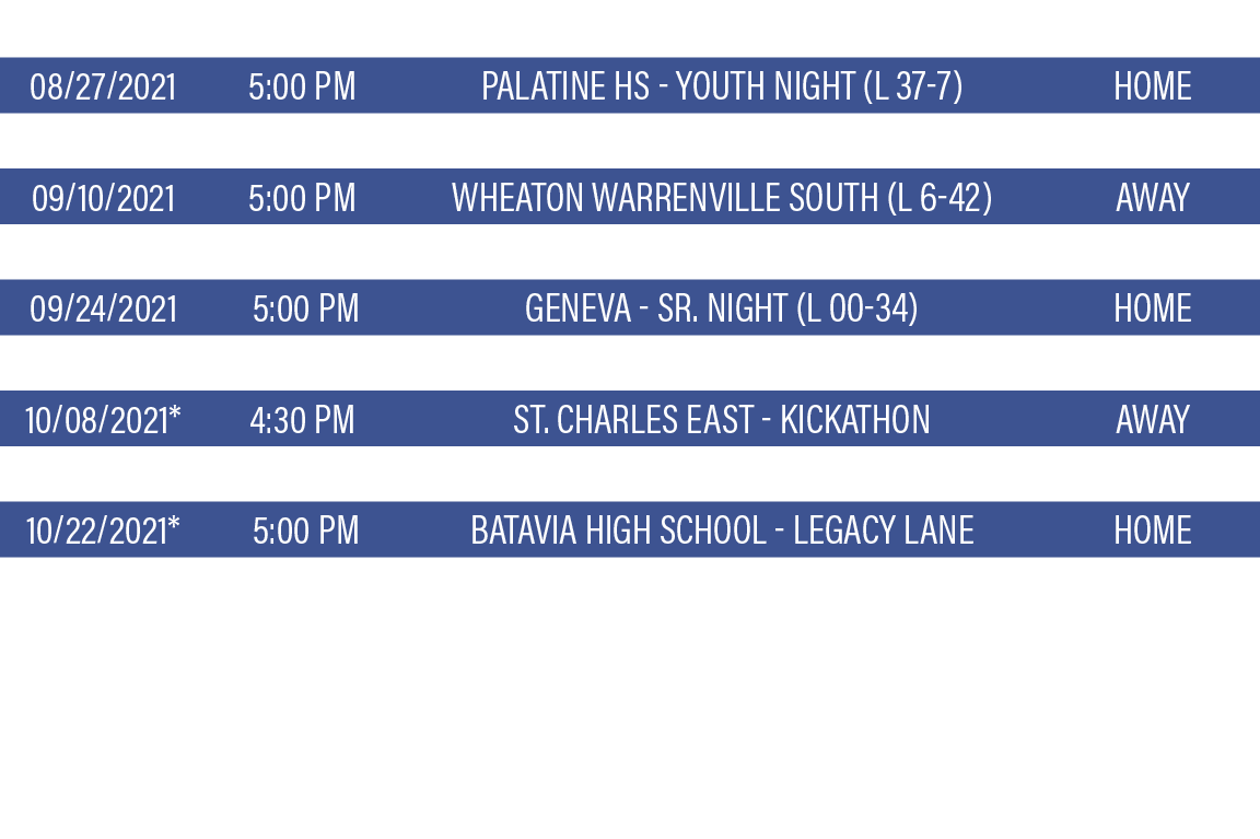DATE,TIME,TEAM,LOCATION,08 27 2021,5:00 PM,Palatine HS - Youth Night (L 37-7),HOME,09 03 2021, 5:00 PM,Lake Zurich (W   
