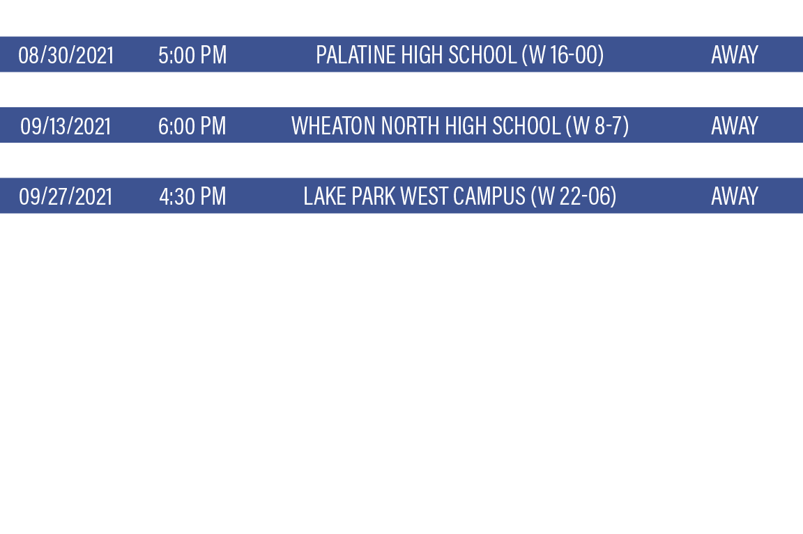 DATE,TIME,TEAM,LOCATION,08 30 2021,5:00 PM,Palatine High School (W 16-00),Away,09 06 2021,10:30 AM,wheaton warrenvill   