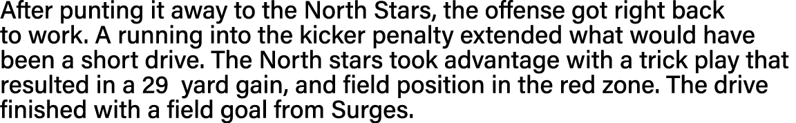 After punting it away to the North Stars, the offense got right back to work  A running into the kicker penalty exten   