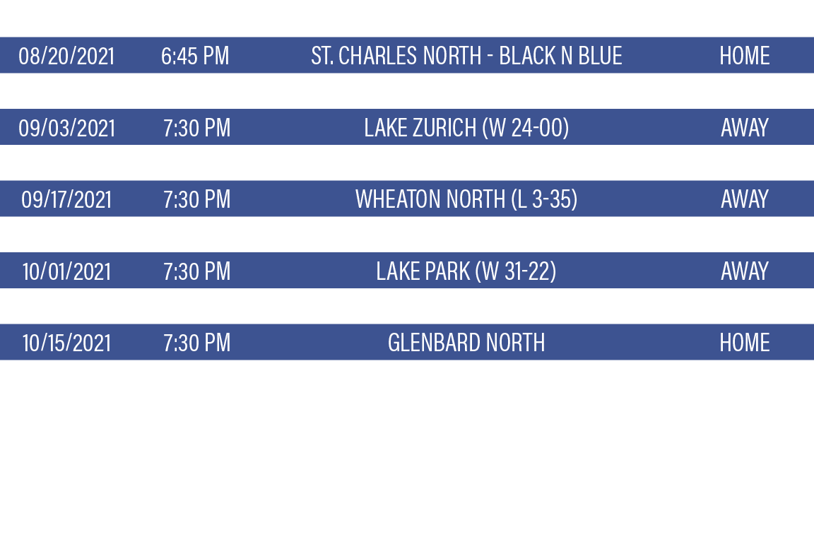 DATE,TIME,TEAM,LOCATION,08 20 2021,6:45 PM,St  Charles North - Black n Blue,HOME,08 27 2021,7:30 PM,Palatine HS - You   