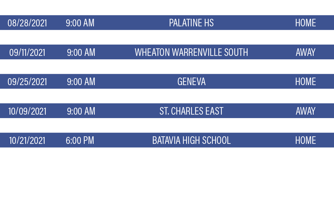 DATE,TIME,TEAM,LOCATION,08 28 2021,9:00 AM,Palatine HS ,Home,09 04 2021,9:00 AM,Lake Zurich ,Away,09 11 2021, 9:00 AM   