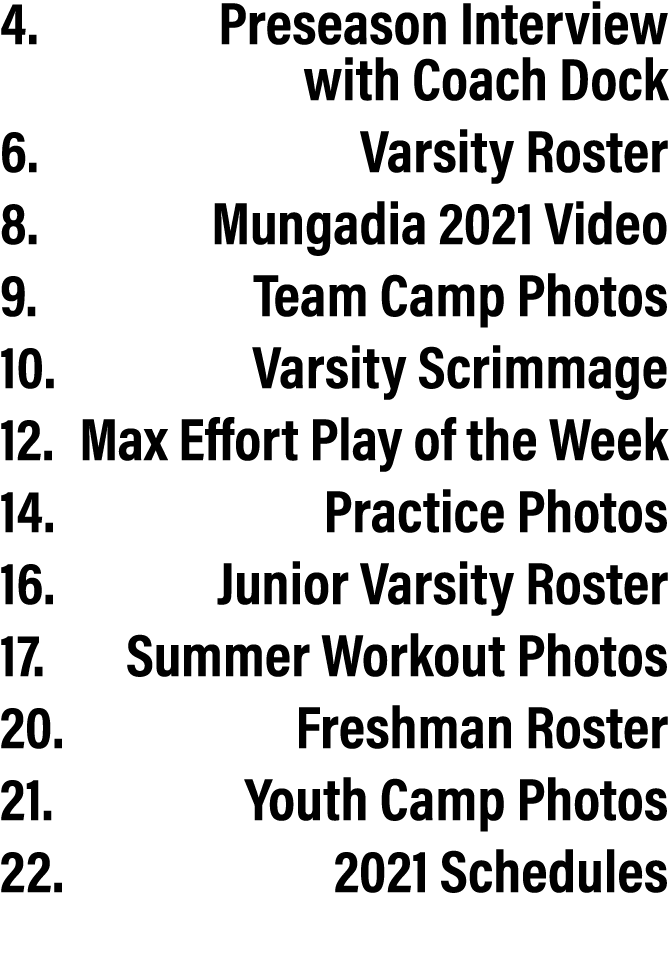 4  Preseason Interview with Coach Dock 6  Varsity Roster 8  Mungadia 2021 Video 9  Team Camp Photos 10  Varsity Scrim   