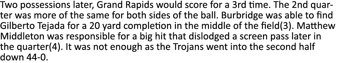 Two possessions later, Grand Rapids would score for a 3rd time  The 2nd quarter was more of the same for both sides o   