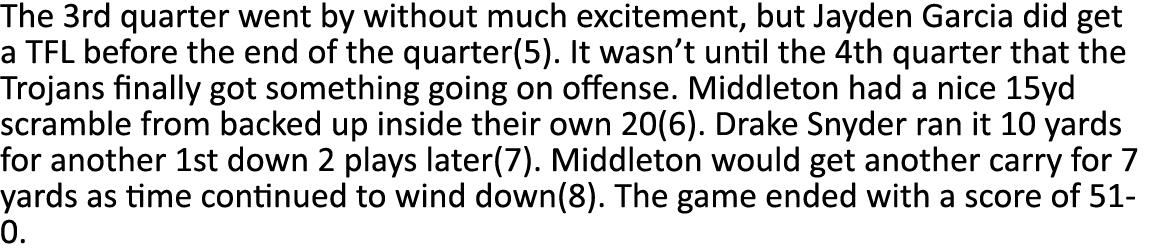 The 3rd quarter went by without much excitement, but Jayden Garcia did get a TFL before the end of the quarter(5)  It   