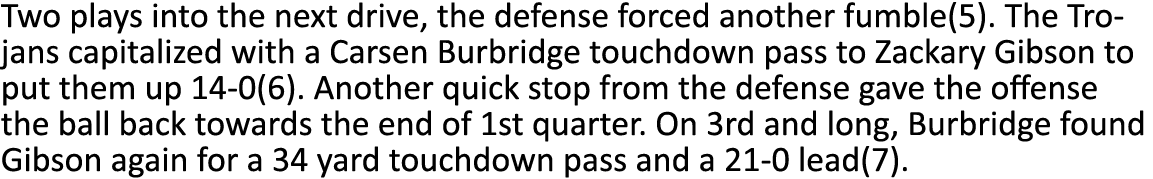 Two plays into the next drive, the defense forced another fumble(5)  The Trojans capitalized with a Carsen Burbridge    