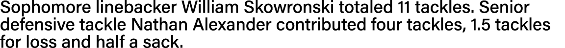 Sophomore linebacker William Skowronski totaled 11 tackles  Senior defensive tackle Nathan Alexander contributed four   