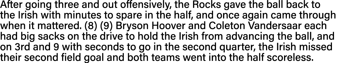 After going three and out offensively, the Rocks gave the ball back to the Irish with minutes to spare in the half, a   