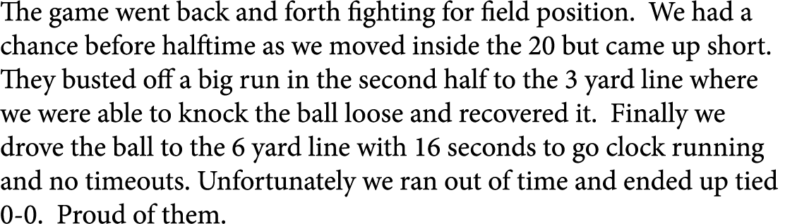 The game went back and forth fighting for field position. We had a chance before halftime as we moved inside the 20 b...