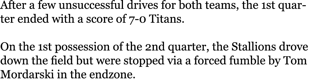 After a few unsuccessful drives for both teams, the 1st quarter ended with a score of 7-0 Titans. On the 1st possessi...