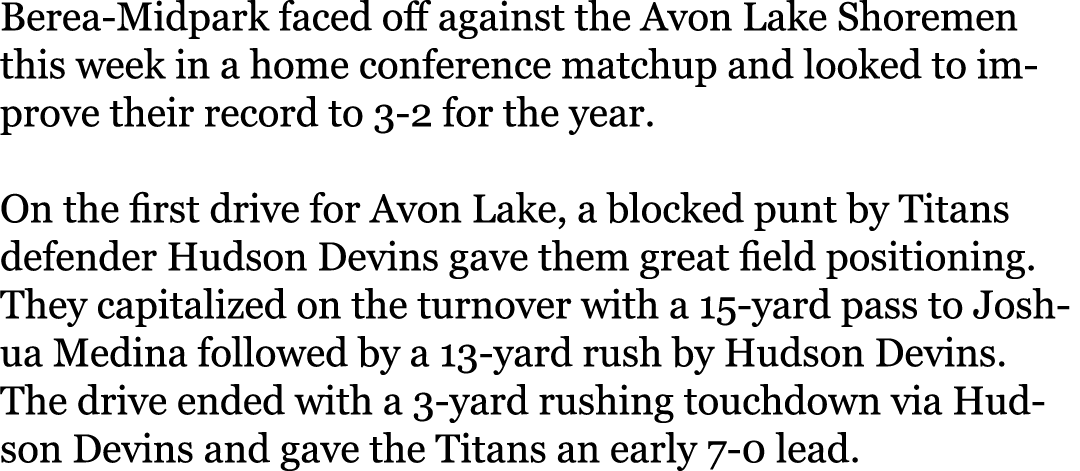 Berea-Midpark faced off against the Avon Lake Shoremen this week in a home conference matchup and looked to improve t...