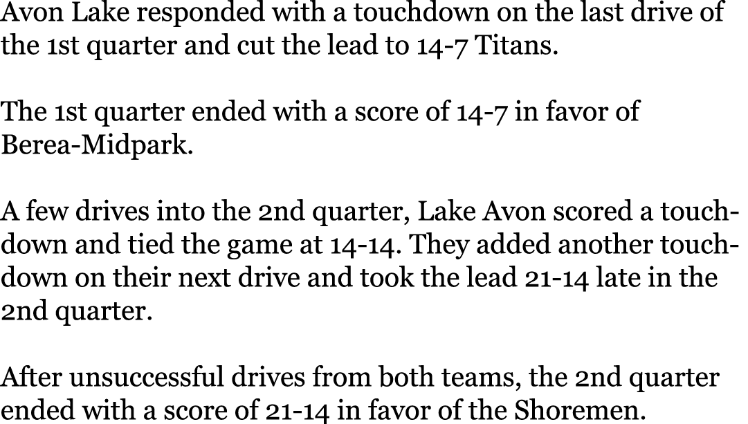 Avon Lake responded with a touchdown on the last drive of the 1st quarter and cut the lead to 14-7 Titans. The 1st q...