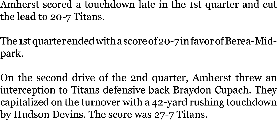 Amherst scored a touchdown late in the 1st quarter and cut the lead to 20-7 Titans. The 1st quarter ended with a scor...
