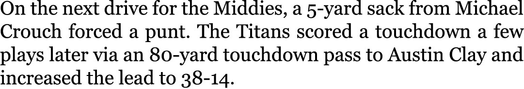 On the next drive for the Middies, a 5-yard sack from Michael Crouch forced a punt. The Titans scored a touchdown a f...