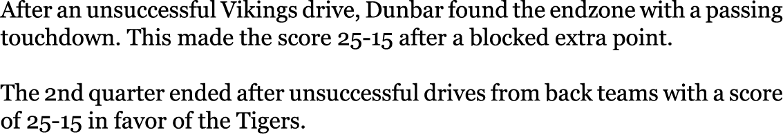 After an unsuccessful Vikings drive, Dunbar found the endzone with a passing touchdown. This made the score 25-15 aft...