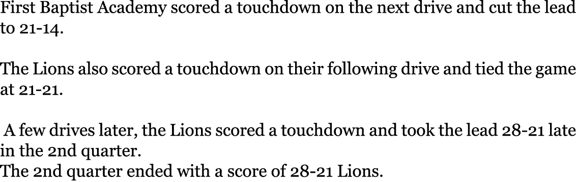First Baptist Academy scored a touchdown on the next drive and cut the lead to 21-14. The Lions also scored a touchd...