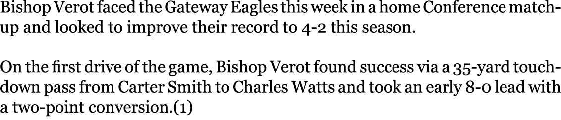 Bishop Verot faced the Gateway Eagles this week in a home Conference matchup and looked to improve their record to 4-...