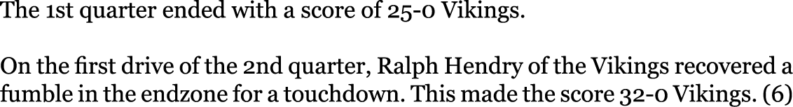 The 1st quarter ended with a score of 25-0 Vikings. On the first drive of the 2nd quarter, Ralph Hendry of the Vikin...