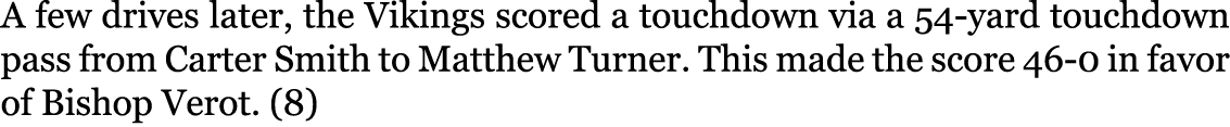 A few drives later, the Vikings scored a touchdown via a 54-yard touchdown pass from Carter Smith to Matthew Turner. ...
