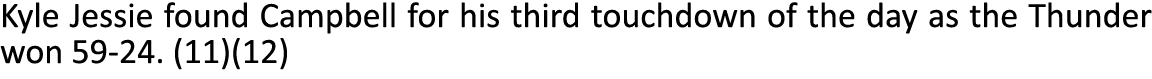 Kyle Jessie found Campbell for his third touchdown of the day as the Thunder won 59-24. (11)(12) 