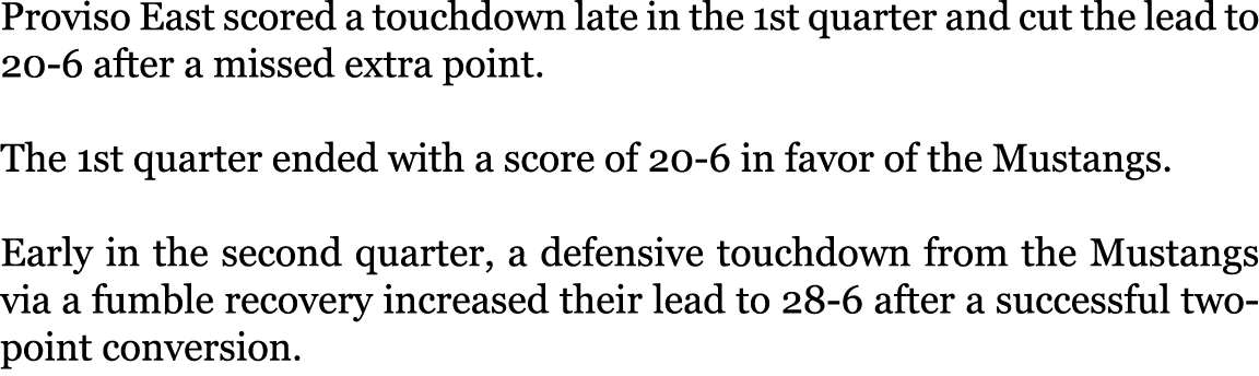 Proviso East scored a touchdown late in the 1st quarter and cut the lead to 20-6 after a missed extra point. The 1st...