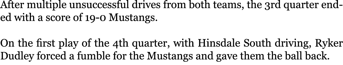 After multiple unsuccessful drives from both teams, the 3rd quarter ended with a score of 19-0 Mustangs. On the firs...