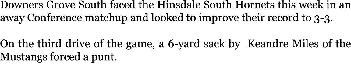 Downers Grove South faced the Hinsdale South Hornets this week in an away Conference matchup and looked to improve th...