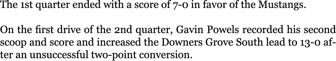 The 1st quarter ended with a score of 7-0 in favor of the Mustangs. On the first drive of the 2nd quarter, Gavin Pow...